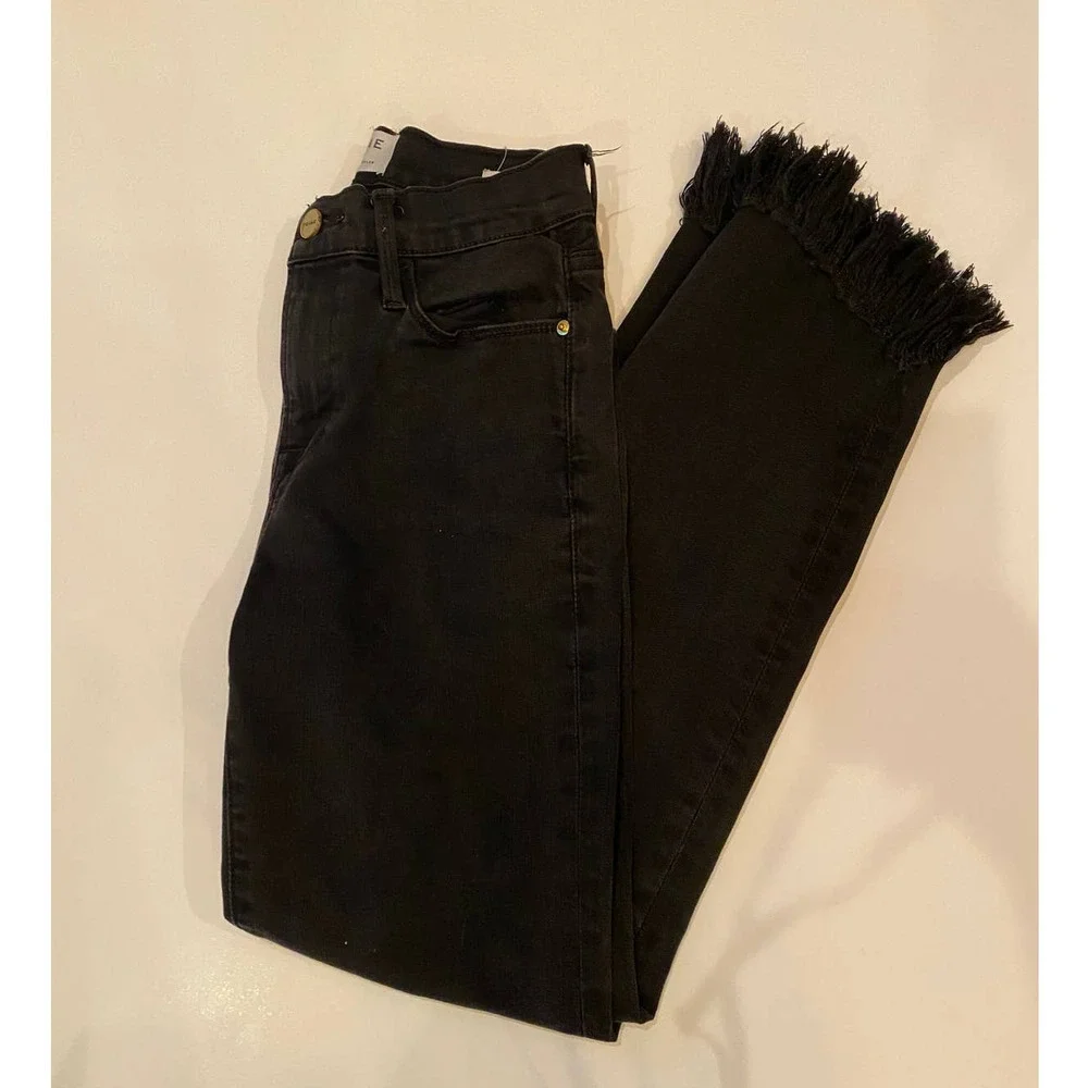FRAME Black Frayed Hem Jeans Size 25 Cropped Straight Designer Denim - Picture 3 of 8